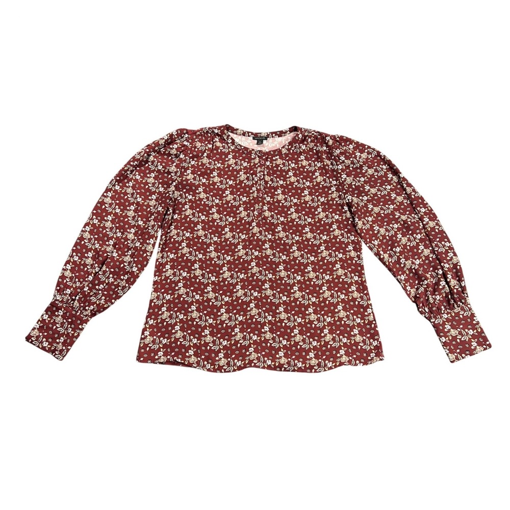 Ann Taylor Women's Medium Floral Mixed Media Puff Sleeve Blouse Burgundy Wine